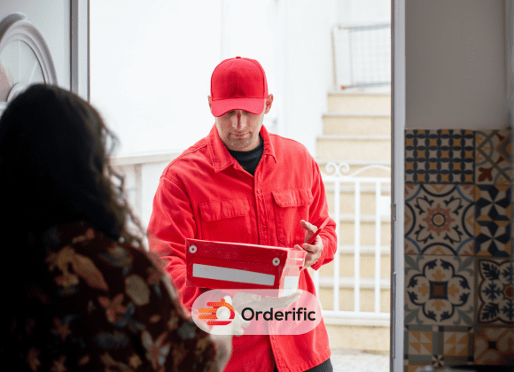 The picture depicts a person from "Deli 4 You" delivering a package